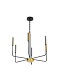 Six Light Farmhouse Chandelier With Adjustable Height Black And Gold Iron Pendant Lighting for dining room, candle-style design.