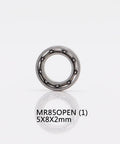 Close-up of chrome steel bearing, MR85OPEN 5x8x2mm size, part of Four Piece Fishing Reel Bearing Kit For Ultegra 6000PG And 8000PG.