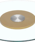 Solid Tempered Glass Lazy Susan Turntable Featuring Smooth 360 Spin And Safe Round Edge Guard, 12mm thick, golden center, elegant design.
