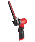 Badass 12V Cordless Belt Sander With Slick Half Inch By Eighteen Abrasive Belt For Quick Point Solder Removal And Heavy Duty Metal Work Variable Speed Trigger Control Top Shelf Brushless Motor Without Battery Included showing side view with abrasive belt.