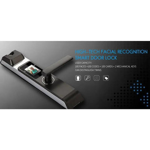 High-Tech Facial Recognition Smart Door Lock with touchscreen, user capacity for 100 faces, 100 codes, for secure entry.