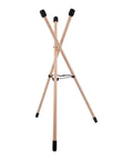 Heavy Duty Beech Wood Drum Rack With Tripod Legs And Adjustable Rope Mount For Steel Drums Folds Flat For Tour Ready Travel, showing collapsible tripod structure.