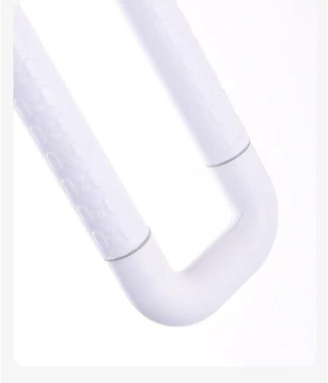 Close-up of the Slick Flip Up U Shaped Stair Handrail Wall Mount Railing For Steps with a beefy folding grab bar.