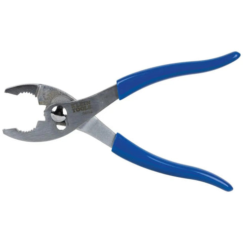 8-Inch Slip-Joint Pliers With Shear-Type Cutter, serrated jaws, nickel-chrome finish, dual positions, US-made steel, blue handles