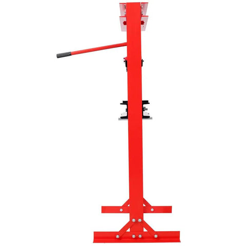 Side view of red 12 Ton Hydraulic Shop Press With Gauge Bottle Jack For Bending Straightening And Pressing Metal Components Bearings U Joints Bushings And Pulleys Adjustable Ram With Overload Valve Red.