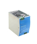 Top Shelf 480W Din Rail Switching Power Supply with blue casing and terminal connectors, designed for PLC controllers and drive cabinets.