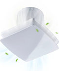 Quiet 110 CFM Bathroom Exhaust Fan With Wall Or Ceiling Mount 1 Point 0 Sone 110 Volt 18W Energy Efficient Vent in white ABS plastic.