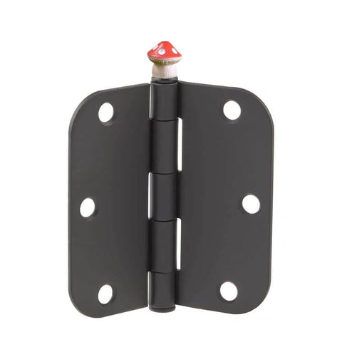 Set Of 6 Red Hinge Head Decorative Toppers For Doors With Magnetic Hinge Heads Mushroom Style displayed on a metal hinge.