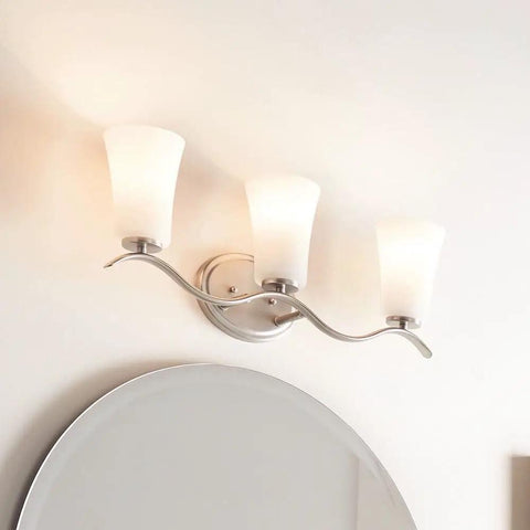 Armida 3 Light Vanity Light With LED Bulbs Satin Etched White Glass In Brushed Nickel above bathroom mirror
