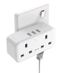 No Fuss Smart Wall Power Strip Surge Protector With Four AC Outlets And Three USB Fast Charge Ports, white wall-mounted design.