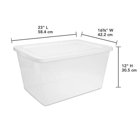 Kick The Junk Clutter Aside With These Ridiculously Spacious Clear Plastic Storage Containers Featuring Hassle Free Snap On Lids Straight Outta The Box Ready To Tame Your Garage Tools And Closet Stash Massive 58 Quart Capacity 8 Pack Included, 23" long, 16.5" wide, 12" tall clear bin.