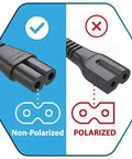 Comparison image of Heavy Duty 12 Feet TV Power Cord Featuring 2 Prong C7 Design showing non-polarized and polarized ends.
