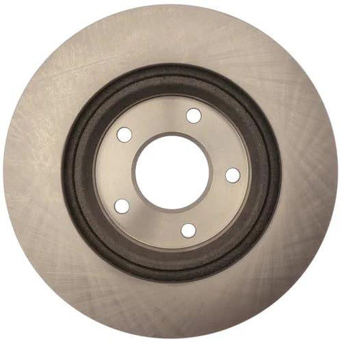 Raybestos R-Line front disc brake rotor; silver metal with central bore and four lug holes