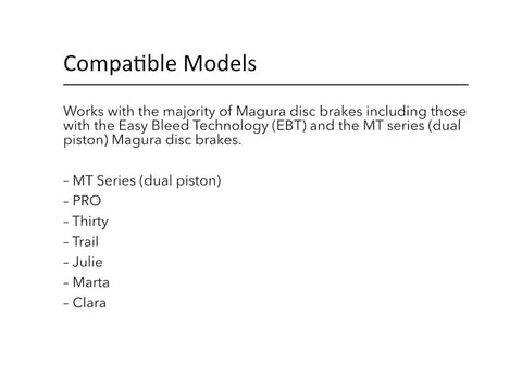 Compatible models list for Magura Hydraulic Disc Brake Bleed Kit For Magura Brakes MTB Bike Maintenance Kit With Reusable Syringes.