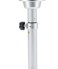 Beefy Aluminum Table Leg Bracket With Adjustable Height Pedestal For RVs Yachts Boats Motorhomes And Marine Caravans 19.3 To 31.8 In Height Mount Base Heavy Duty Construction Smooth Stepless Height Control For Marine Use, close-up view of the aluminum pedestal featuring a black adjustment knob and sleek finish.