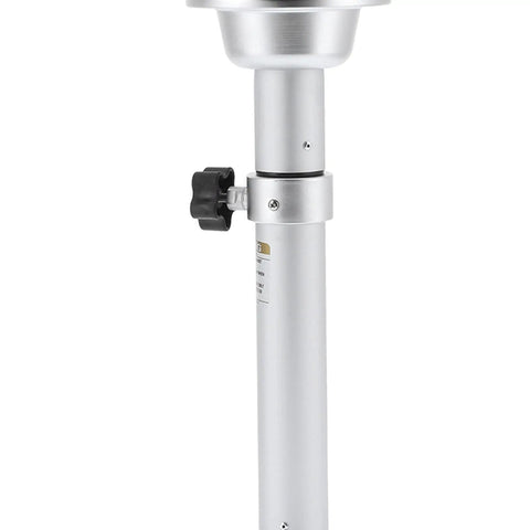 Beefy Aluminum Table Leg Bracket With Adjustable Height Pedestal For RVs Yachts Boats Motorhomes And Marine Caravans 19.3 To 31.8 In Height Mount Base Heavy Duty Construction Smooth Stepless Height Control For Marine Use, close-up view of the aluminum pedestal featuring a black adjustment knob and sleek finish.