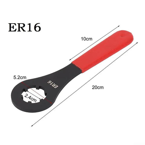 Heavy Duty ER Collet Wrench For ER16 ER20 ER25 ER32 ER40 CNC Spanner Tool with red handle, dimensions shown, ideal for milling setups.