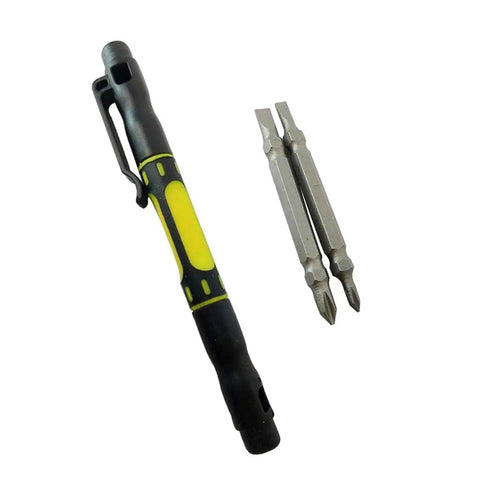 Four In One Pocket Screwdriver Pen Kit With Spare Bits For Smartphones Tablets Eyeglasses And Watches shows tools for quick repairs.