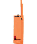 Side view of Utility Knife Blade Dispenser With Fifty Triple Ground Replacement Blades, orange plastic casing, closed position.