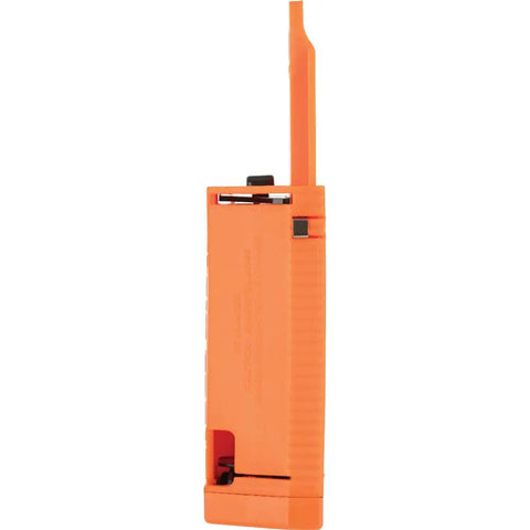 Side view of Utility Knife Blade Dispenser With Fifty Triple Ground Replacement Blades, orange plastic casing, closed position.