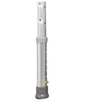Adjustable Bathroom Safety Transfer Bench leg with push pin adjust, showing non slip rubber feet and rust proof frame.