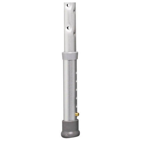 Adjustable Bathroom Safety Transfer Bench leg with push pin adjust, showing non slip rubber feet and rust proof frame.