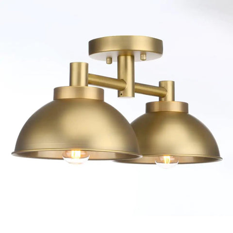 Two Light Semi Flush Mount Ceiling Fixture With Industrial Metal Shade Vintage Inspired Modern Style Lighting Brass with bulbs