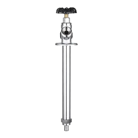 10 Inch Frost Proof Sillcock With Anti Siphon Design Lead Free Chrome Plated Brass Body One Half Inch Pex Crimp To Three Quarter Inch Hose Bibb Easy On Off With Large Multi Turn Handwheel ANSI NSF Certified, front view showing black handwheel and chrome finish