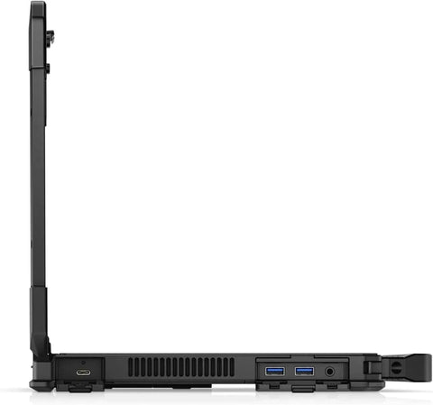 Side view of Rock Solid 14 Inch Fhd Touchscreen Laptop With Intel Core Eighth Gen I7 8650U Processor 32Gb Ram 1Tb Ssd And Amd Radeon Rx 540 Graphics Windows Eleven Pro, showing ports and rugged design.