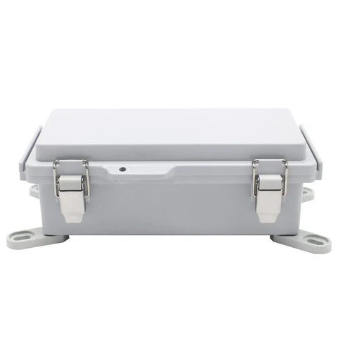 Front view of Electrical Waterproof Junction Box Outdoor Enclosure With Hinged Clear Cover Stainless Steel Buckles IP67 7.9x3.9x2.8 Inch.
