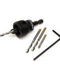 Hella Durable Stainless Steel Drill Bits Five Piece Kit For Smart Bit Pro Plug Wrench with one half inch countersink and a hex key.
