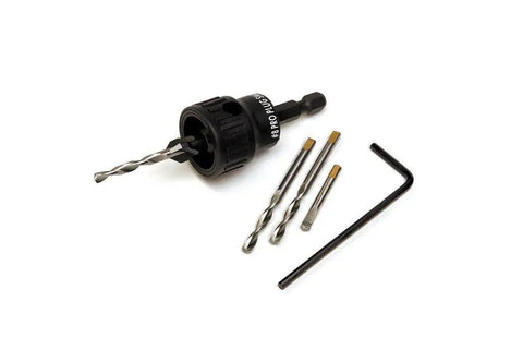 Hella Durable Stainless Steel Drill Bits Five Piece Kit For Smart Bit Pro Plug Wrench with one half inch countersink and a hex key.