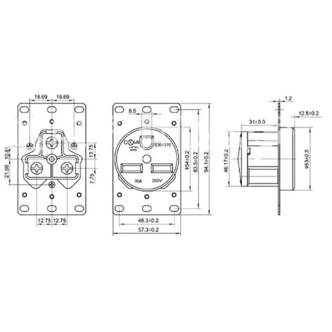 Heavy Duty Flush Mount Power Receptacle Nema 6 30R 30 Amp, technical drawing with measurements for outlet installation.