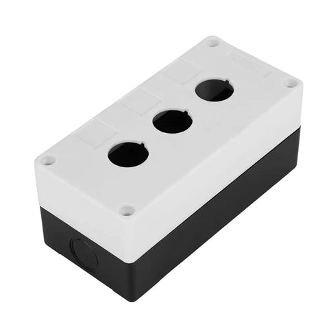 22mm Push Button Switch Box With Flame Retardant ABS Enclosure And Sealing Rubber Strip For Wall Mount Control Panels And Signal Indication In White Finish, showing top view with three holes for switches.
