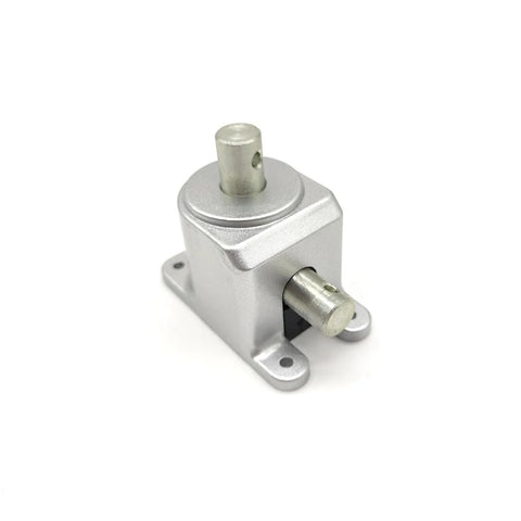 Angled front view of PGFUN 1:1 right-angle bevel gearbox with 15mm shaft and aluminum housing.