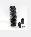 6-inch Mecanum wheel module with black angled rollers on metal frame; includes bearings and axle pin