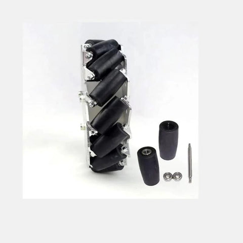 6-inch Mecanum wheel module with black angled rollers on metal frame; includes bearings and axle pin
