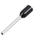 Close-up of a black Insulated Cord Pin End Terminal from the Insulated Cord Pin End Terminal Assortment Kit With 1000 Copper Crimp Connectors For AWG22 Wire VE0512 Black Heavy Duty Pro Grade Wire Crimping Tool Kit For Fast Secure Electrical Connections And Safer Insulation, showing the metal and insulated end for crimping.