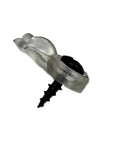 High Grade Glass Cabinet Panel Retainer Clips With Screw Kit 25 Piece Flex Offset Snap Lock close-up of a transparent clip with black screw.