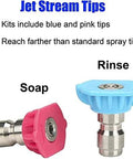 Front view of pressure washer nozzle tips: blue rinse tip and pink soap tip with 1/4-inch quick-connect fittings.