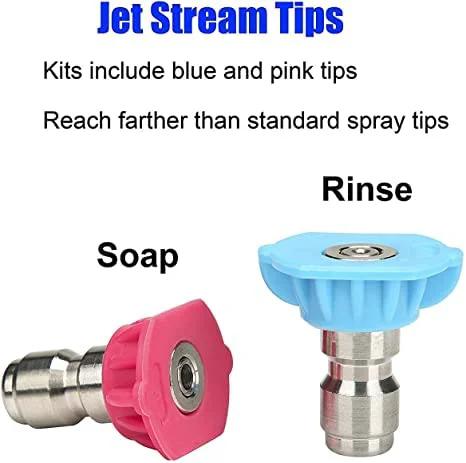 Front view of pressure washer nozzle tips: blue rinse tip and pink soap tip with 1/4-inch quick-connect fittings.