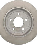 Front view of Centric C-Tek rear brake rotor; round silver metal disc with five lug holes