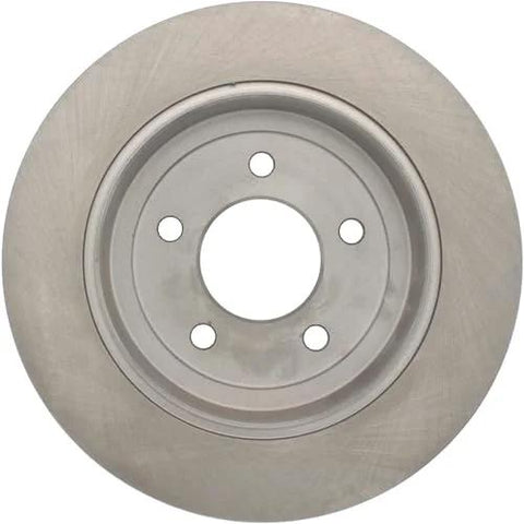 Front view of Centric C-Tek rear brake rotor; round silver metal disc with five lug holes