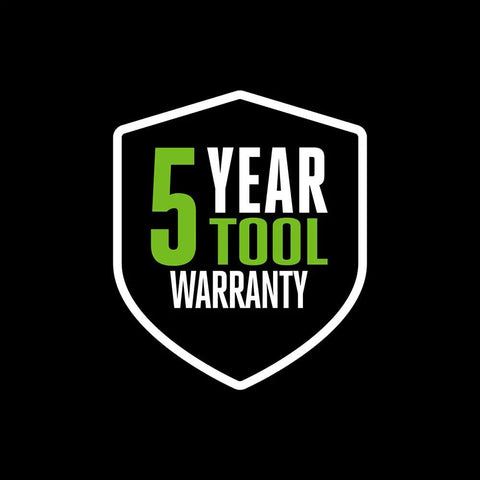 Shield graphic displaying '5 Year Tool Warranty' in green and white text