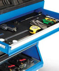 Heavy Duty Press Brake Changeover Cart For American Style Tooling VT36600 with tools in an open drawer, showcasing storage capacity