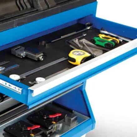 Heavy Duty Press Brake Changeover Cart For American Style Tooling VT36600 with tools in an open drawer, showcasing storage capacity