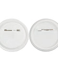 Back view: two white 58mm pin-back button backs with metal pin clasps.