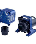 Submersible pond pump with blue housing, strainer guard, and adapter fittings
