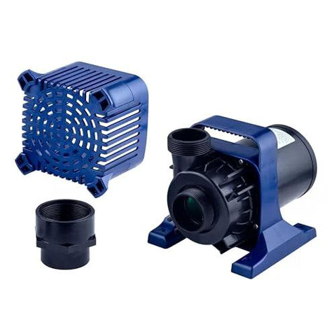 Submersible pond pump with blue housing, strainer guard, and adapter fittings