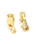 SMA Male To RPSMA Female Right Angle 90 Degree RF Coaxial Adapter, brass gold-plated, close-up view showing connectors.